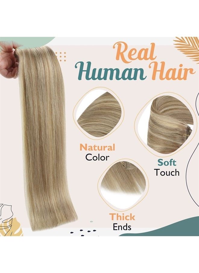Ve Sunny - VeSunny Clip in Human Hair Extensions Dark Golden Blonde Highlight Medium Blonde Double Weft Clip on Hair Extensions Full Head Clip ins Human Hair Extensions 7PCs 120g 16inch - Image 1