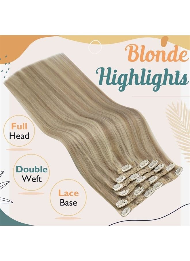 Ve Sunny - VeSunny Clip in Human Hair Extensions Dark Golden Blonde Highlight Medium Blonde Double Weft Clip on Hair Extensions Full Head Clip ins Human Hair Extensions 7PCs 120g 16inch - Image 1
