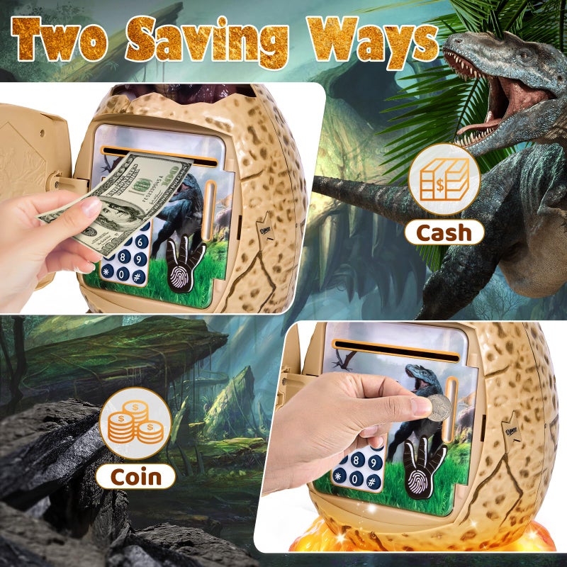 Refasy Electronic Piggy Bank for Kids Dinosaur ATM Piggy Bank Password Cash Coin Can Money Bank Kids Toy with Music, Easter Birthday Gifts for Boys Girls 3 4 5 6 7 8 9 10 11 12 Year Old (Brown) - Image 3
