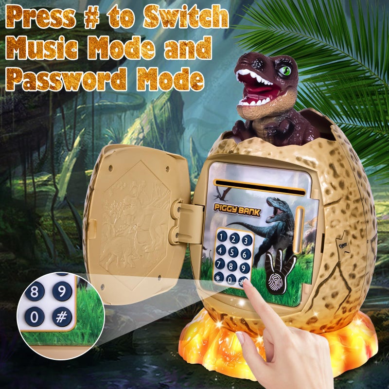 Refasy Electronic Piggy Bank for Kids Dinosaur ATM Piggy Bank Password Cash Coin Can Money Bank Kids Toy with Music, Easter Birthday Gifts for Boys Girls 3 4 5 6 7 8 9 10 11 12 Year Old (Brown) - Image 4