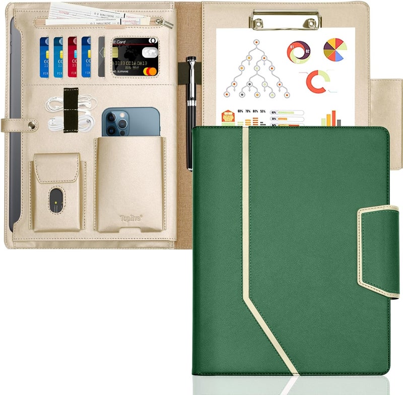 Toplive Padfolio Portfolio Case, Conference Folder Executive Business Padfolio with Document Sleeve, Letter/ A4 Size Clipboard, Card Holders, Portfolio Padfolio for Women Men, Drak Green - Image 1