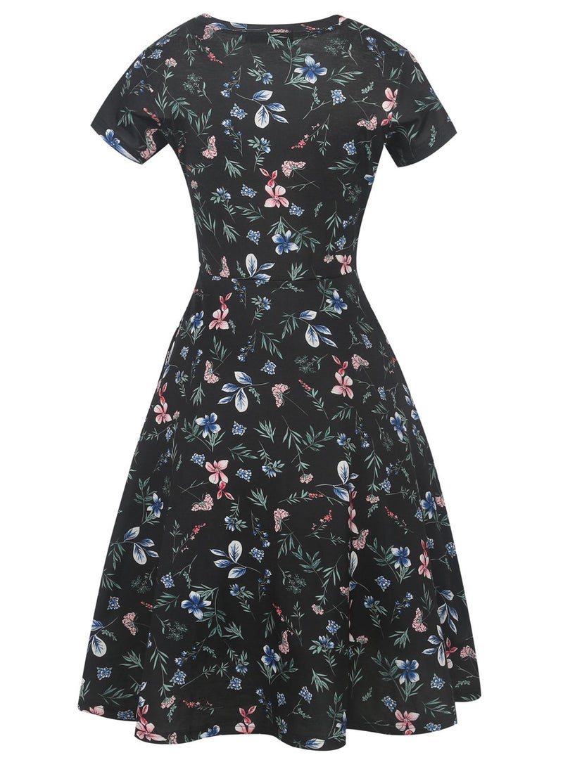 HELYO Casual Vintage Dress for Women's Elegant 50s Office Floral Print Business Work Party A-Line Swing Dress with Pockets 162 (Black, S) - Image 4