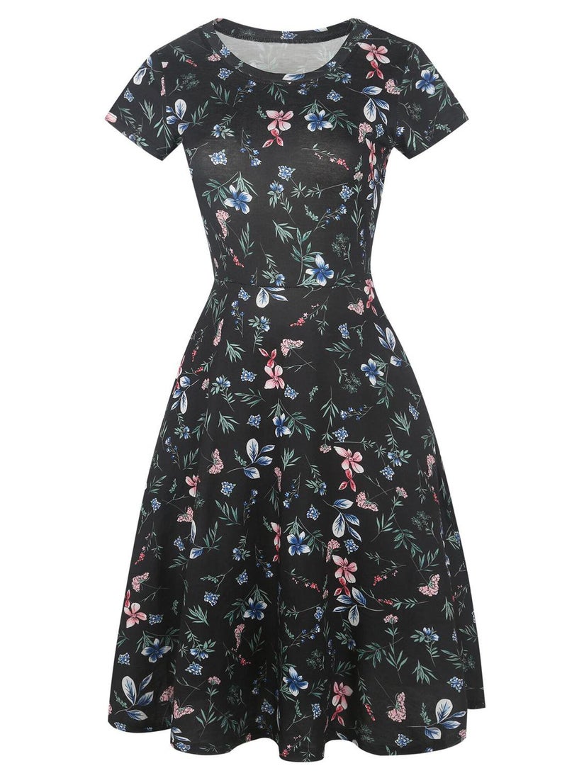 HELYO Casual Vintage Dress for Women's Elegant 50s Office Floral Print Business Work Party A-Line Swing Dress with Pockets 162 (Black, S) - Image 3