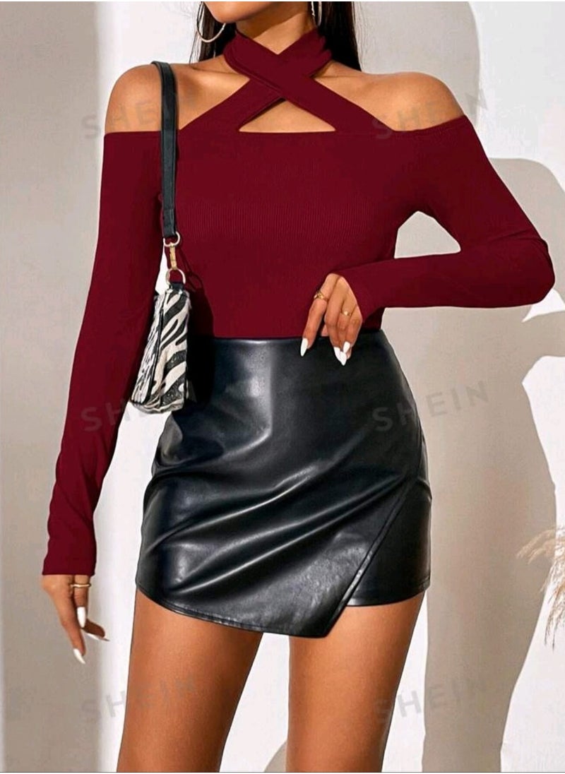 Shein - SHEIN Privé Solid Criss Cross Halter Neck Tee 	Burgundy - Image 1
