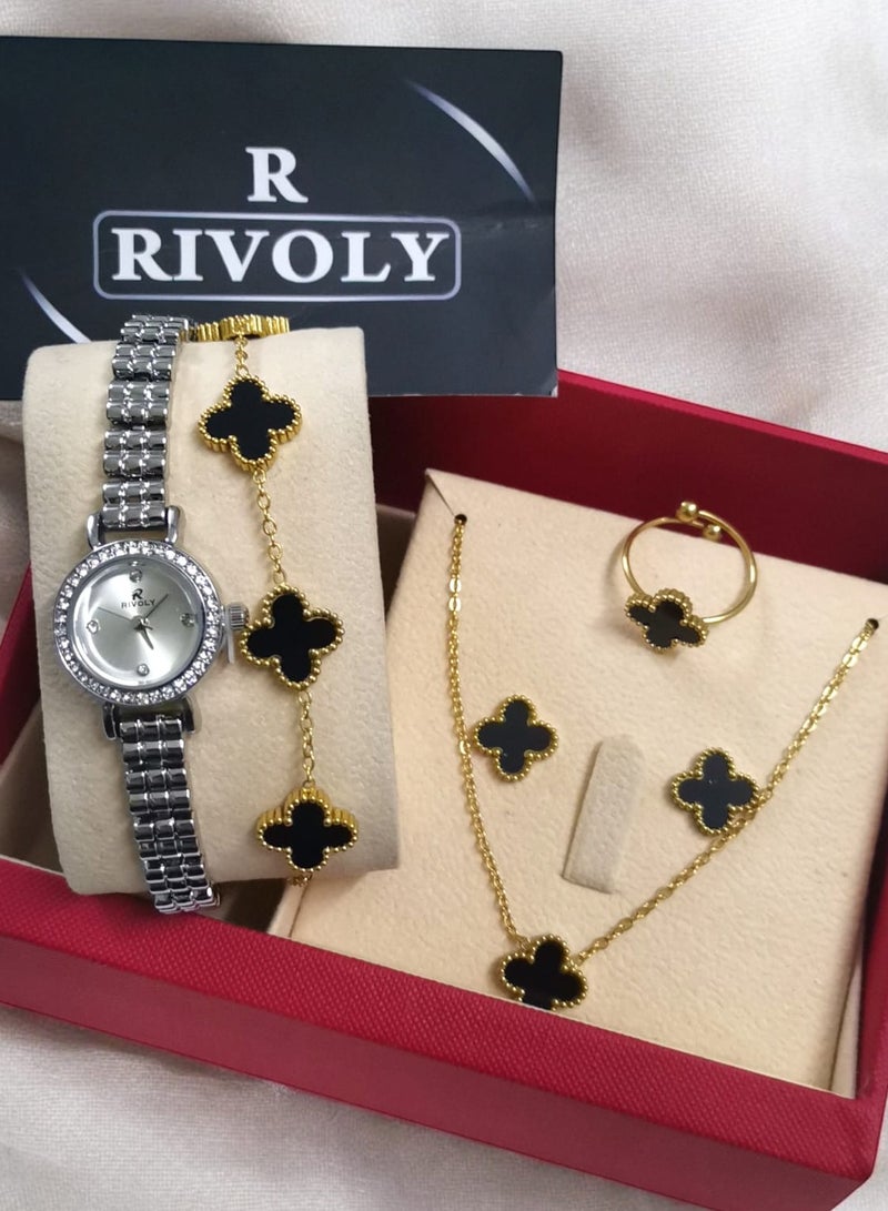 ريفولي طقم نسائي أنيق من الفولاذ المقاوم للصدأ يتكون من ساعة مقاومة للماء مع مجموعة من الأساور والخواتم والقلائد والأقراط - Image 1