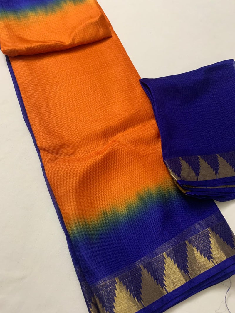 SheenKraft | Women's Bhagalpuri Pure Kota Doria Silk Net Saree With Temple Zari Border and Running Blouse Piece (Cristy_Orange & Duke_Blue) - Image 3