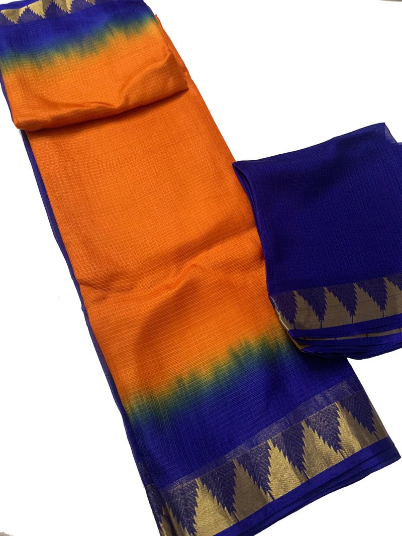 SheenKraft | Women's Bhagalpuri Pure Kota Doria Silk Net Saree With Temple Zari Border and Running Blouse Piece (Cristy_Orange & Duke_Blue) - Image 5