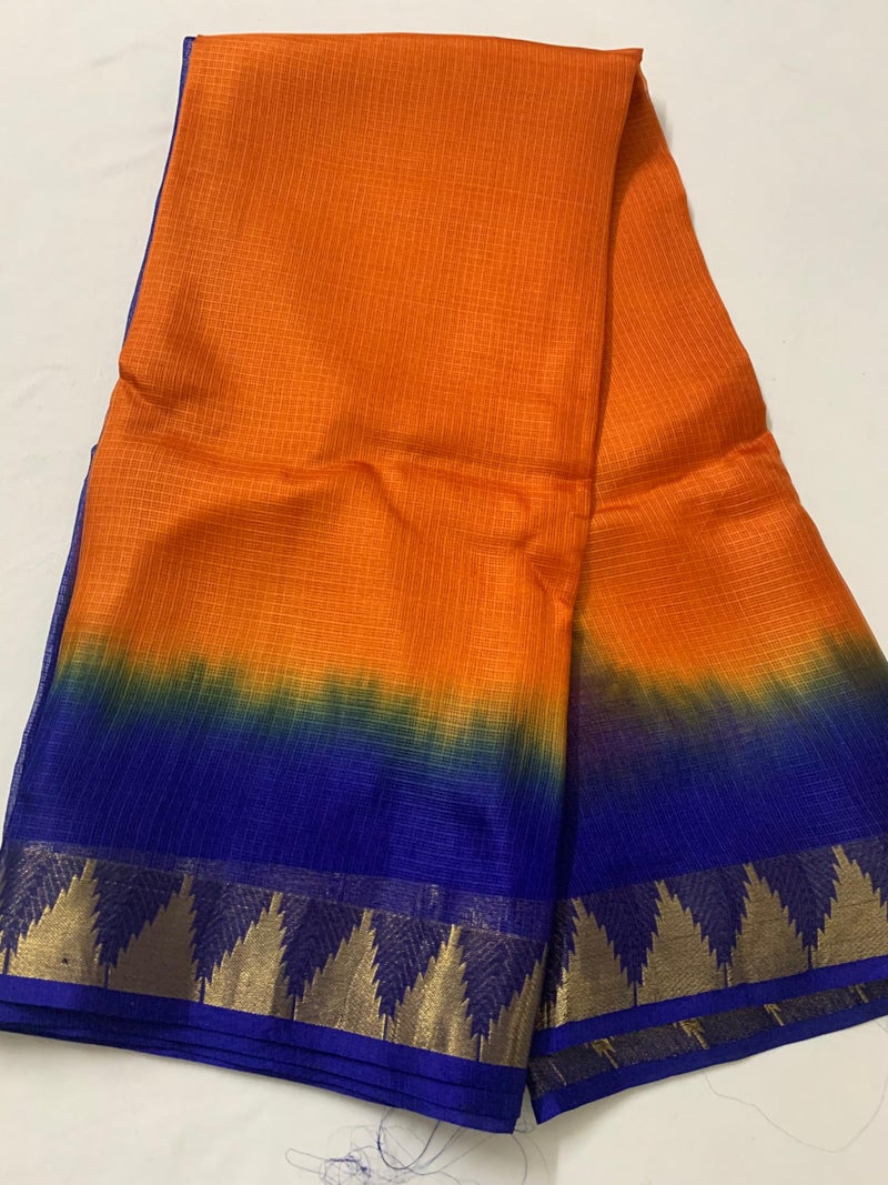 SheenKraft | Women's Bhagalpuri Pure Kota Doria Silk Net Saree With Temple Zari Border and Running Blouse Piece (Cristy_Orange & Duke_Blue) - Image 4