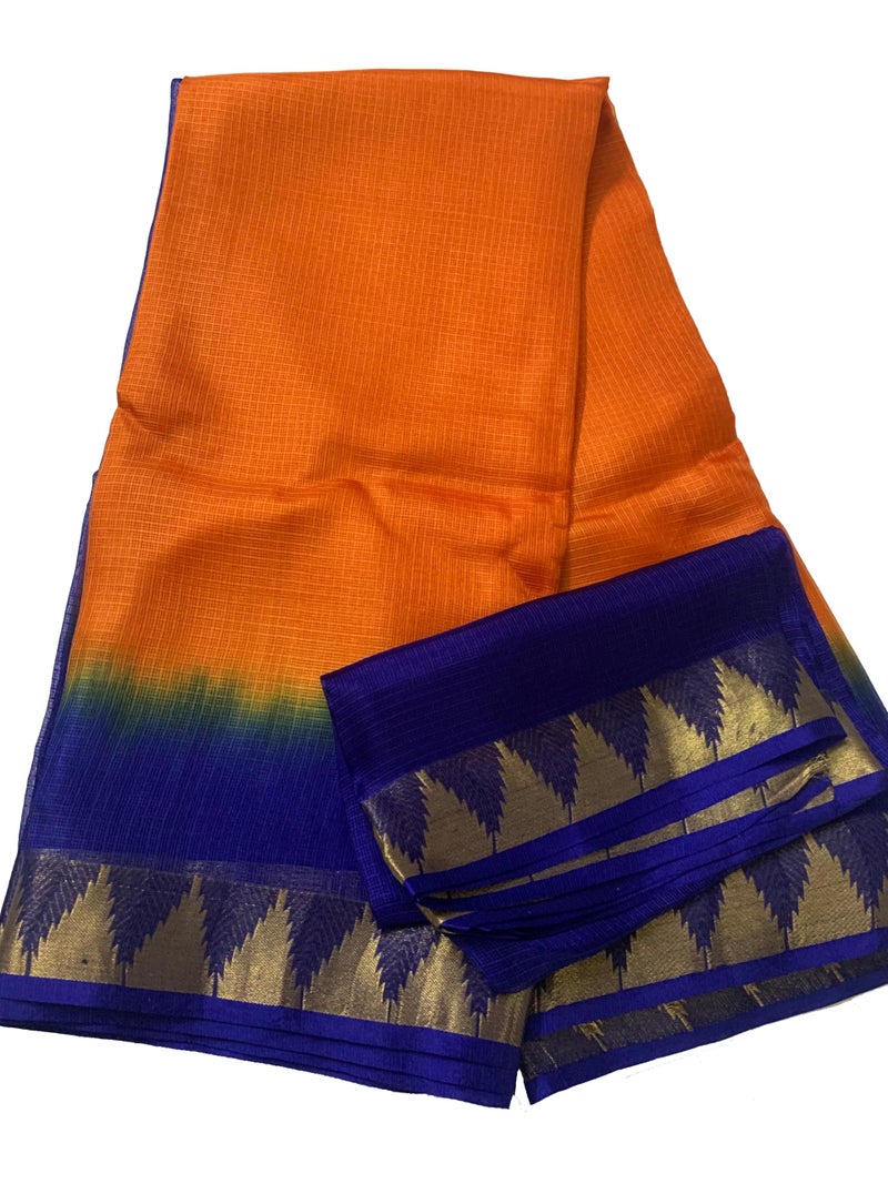 SheenKraft | Women's Bhagalpuri Pure Kota Doria Silk Net Saree With Temple Zari Border and Running Blouse Piece (Cristy_Orange & Duke_Blue) - Image 2