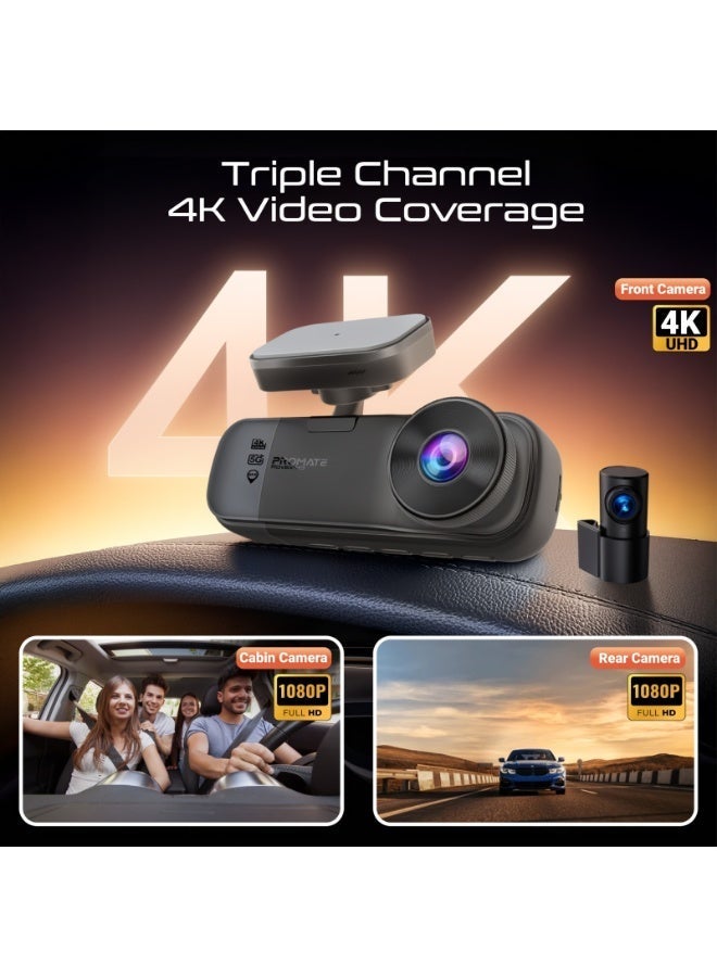 Promate Dash Cam 4K UHD Triple Channel, GPS Speed Tracking, ADAS Alerts, Dual-Band WiFi, G-Sensor, Parking Mode, 3.16” IPS Display, Night Vision, 512GB microSD Support, Rovex-H3 - Image 2