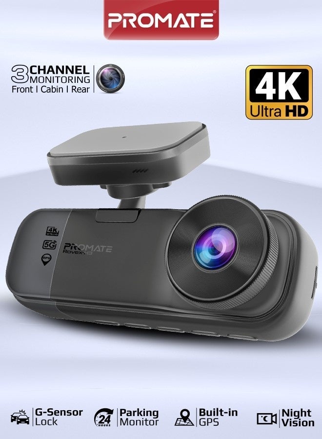 Promate Dash Cam 4K UHD Triple Channel, GPS Speed Tracking, ADAS Alerts, Dual-Band WiFi, G-Sensor, Parking Mode, 3.16” IPS Display, Night Vision, 512GB microSD Support, Rovex-H3 - Image 1