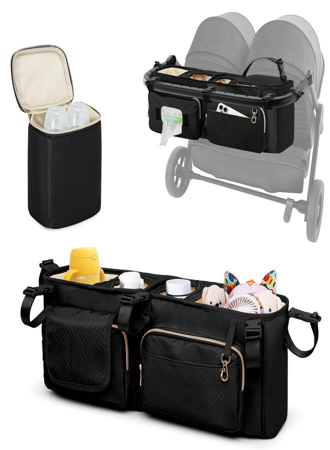 Prokva Double Stroller Organizer Compabitle with BOB Duallie and Baby Jogger City Mini GT2 Double Stroller, Double Parent Stroller Caddy Organizer with Cup Holder and Cooler Bag, Black(Empty Bag) - Image 1