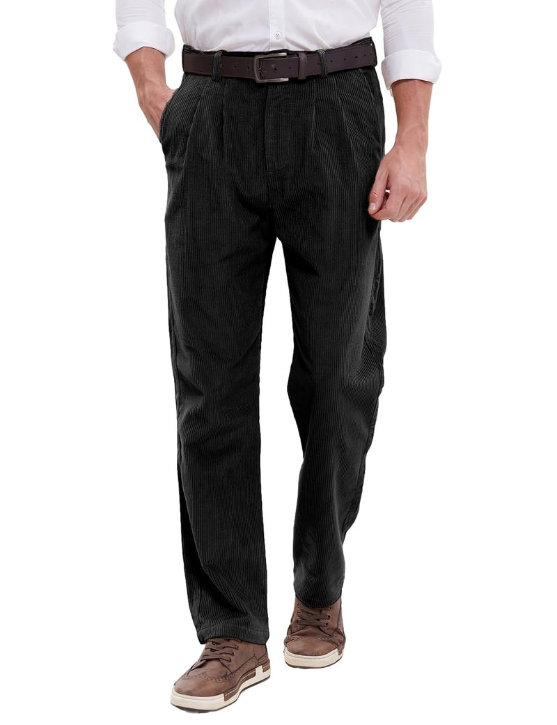 IDEALSANXUN Mens Corduroy Pants Pleated Casual Straight Leg Fall Winter Dress Pant TrouserBlack 36