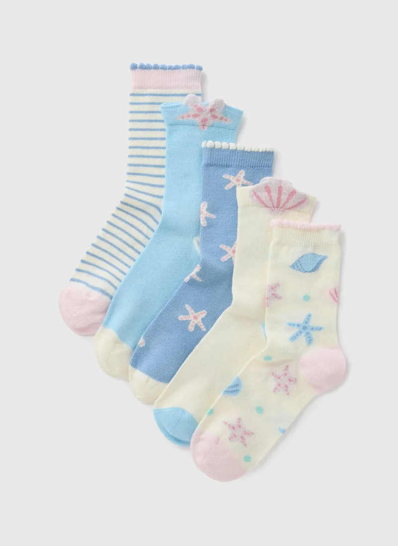 Matalan 5 Pack Girls Blue Shell Socks