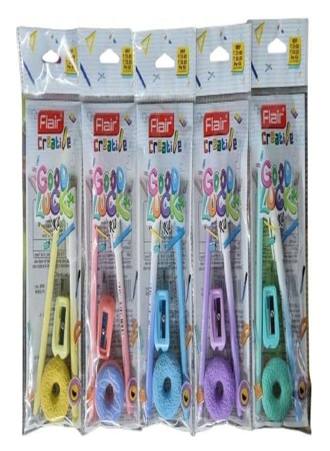 FLAIR Good Luck Pencil Kit- Includes 1 Ballpoint Pen 0.7mm Blue Ink, 1 Extra Dark Wooden Graphite Pencil, 1 Long Point Sharpener, 1 Low Dust Eraser, 1 Plastic Scale 15 Cm.- For Daily Use-Pack of 10 - Image 1