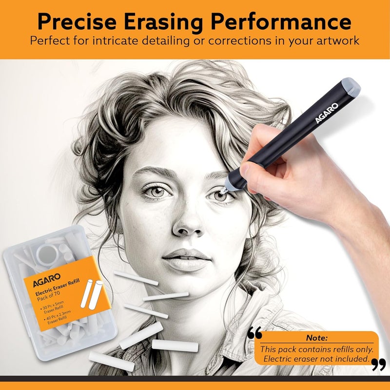 AGARO Electric Eraser Refill Pack of 70, 2.3mm & 5mm Eraser, Sketching, Drawing, Portrait Shading - Image 3