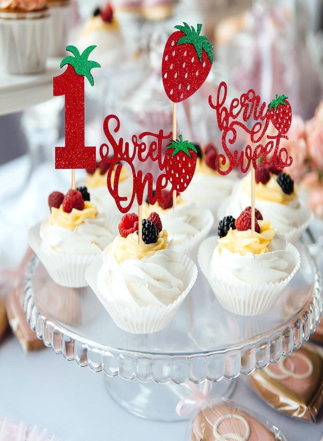 Macuezu 24 PCS Strawberry Cupcake Toppers for 1st Birthday, Glitter Berry Cupcake Toppers for First Birthday, Red Strawberry Cup Cake Picks Decorations for 1st Baby Shower Party Supplies, 4 Styles - Image 3