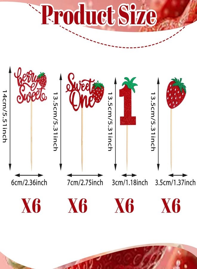 Macuezu 24 PCS Strawberry Cupcake Toppers for 1st Birthday, Glitter Berry Cupcake Toppers for First Birthday, Red Strawberry Cup Cake Picks Decorations for 1st Baby Shower Party Supplies, 4 Styles - Image 2