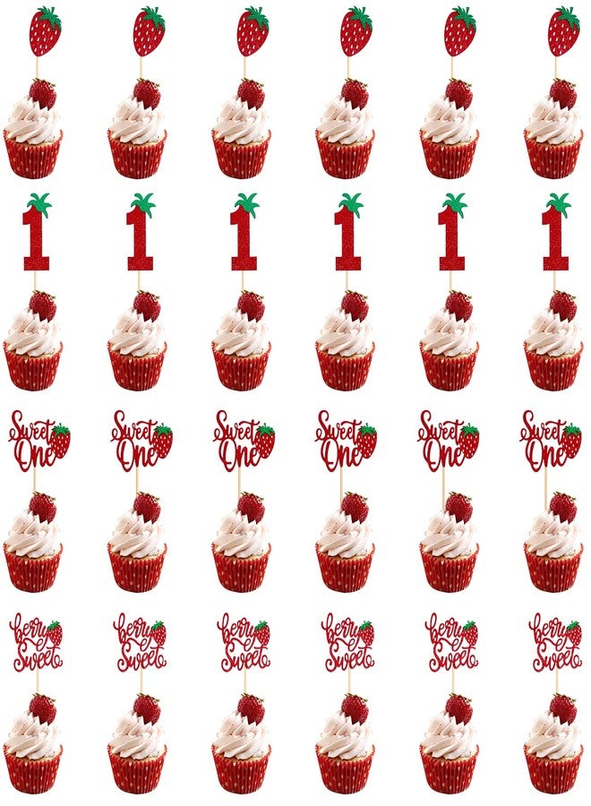 Macuezu 24 PCS Strawberry Cupcake Toppers for 1st Birthday, Glitter Berry Cupcake Toppers for First Birthday, Red Strawberry Cup Cake Picks Decorations for 1st Baby Shower Party Supplies, 4 Styles - Image 1