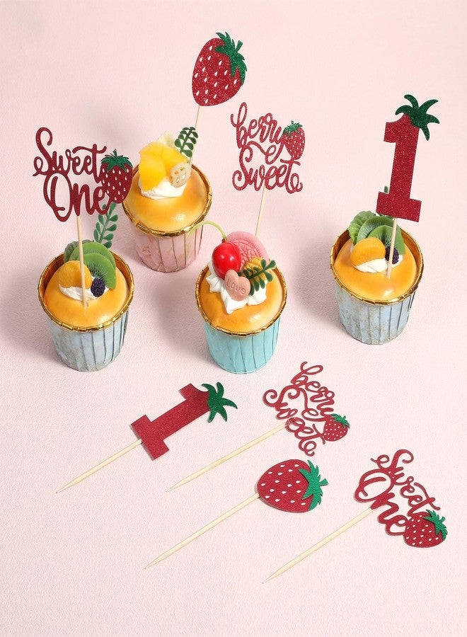 Macuezu 24 PCS Strawberry Cupcake Toppers for 1st Birthday, Glitter Berry Cupcake Toppers for First Birthday, Red Strawberry Cup Cake Picks Decorations for 1st Baby Shower Party Supplies, 4 Styles - Image 4