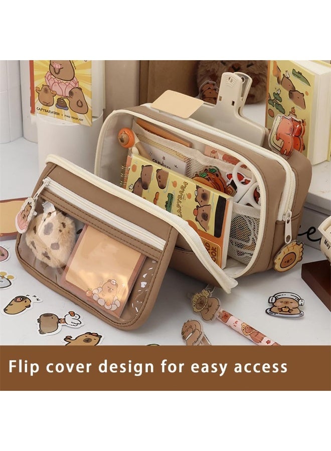 NANAO Cute Capybara Pencil Case Set, Clear Aesthetic Pen Pouch with Plush, Pins, and Multi-Layer Compartments, Large Capacity for School Supplies - Image 2