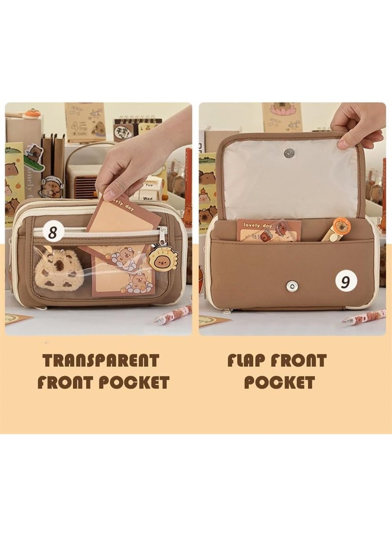 NANAO Cute Capybara Pencil Case Set, Clear Aesthetic Pen Pouch with Plush, Pins, and Multi-Layer Compartments, Large Capacity for School Supplies - Image 5