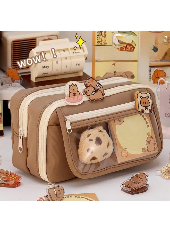 NANAO Cute Capybara Pencil Case Set, Clear Aesthetic Pen Pouch with Plush, Pins, and Multi-Layer Compartments, Large Capacity for School Supplies - Image 4