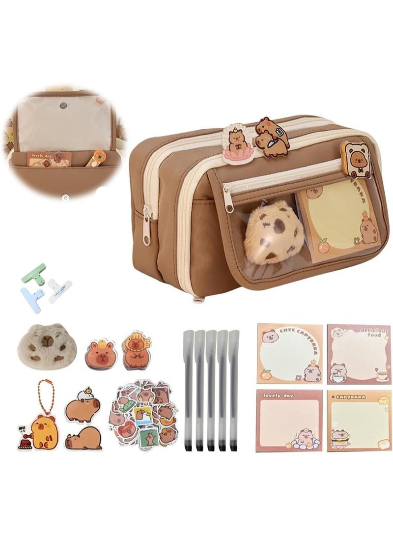 NANAO Cute Capybara Pencil Case Set, Clear Aesthetic Pen Pouch with Plush, Pins, and Multi-Layer Compartments, Large Capacity for School Supplies - Image 1