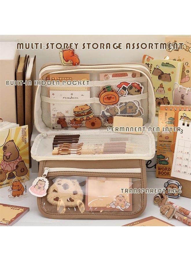 NANAO Cute Capybara Pencil Case Set, Clear Aesthetic Pen Pouch with Plush, Pins, and Multi-Layer Compartments, Large Capacity for School Supplies - Image 3