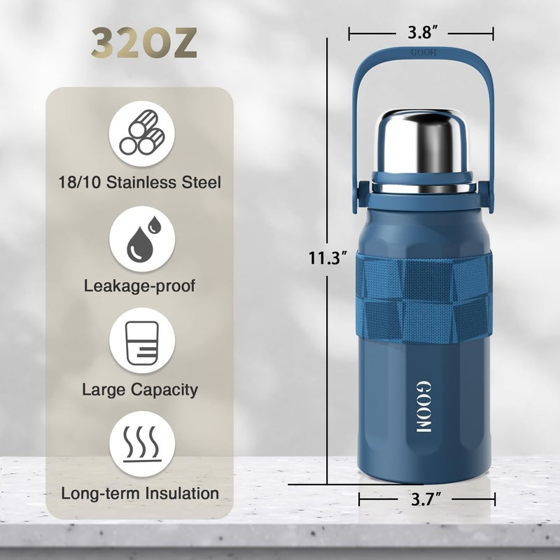 Goom The Grip 32 oz Water Bottles for Hot and Cold Drinks,18/10 Stainless Steel Insulated Water Bottle with Lid, Carrying Strap,Strainer,7-Layer Insulation,Wide Mouth - Navy Blue - Image 2
