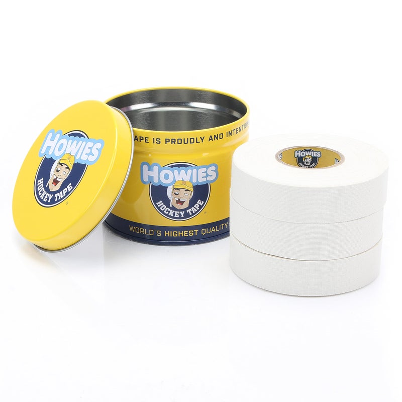 Howies Hockey Tape - 3 Pack White Cloth Stick Tape - 1" x 24 Yards per Roll - Strong, Long-Lasting Grip for Hockey Stick, Lacrosse and Baseball - Includes Free Tin - Image 1