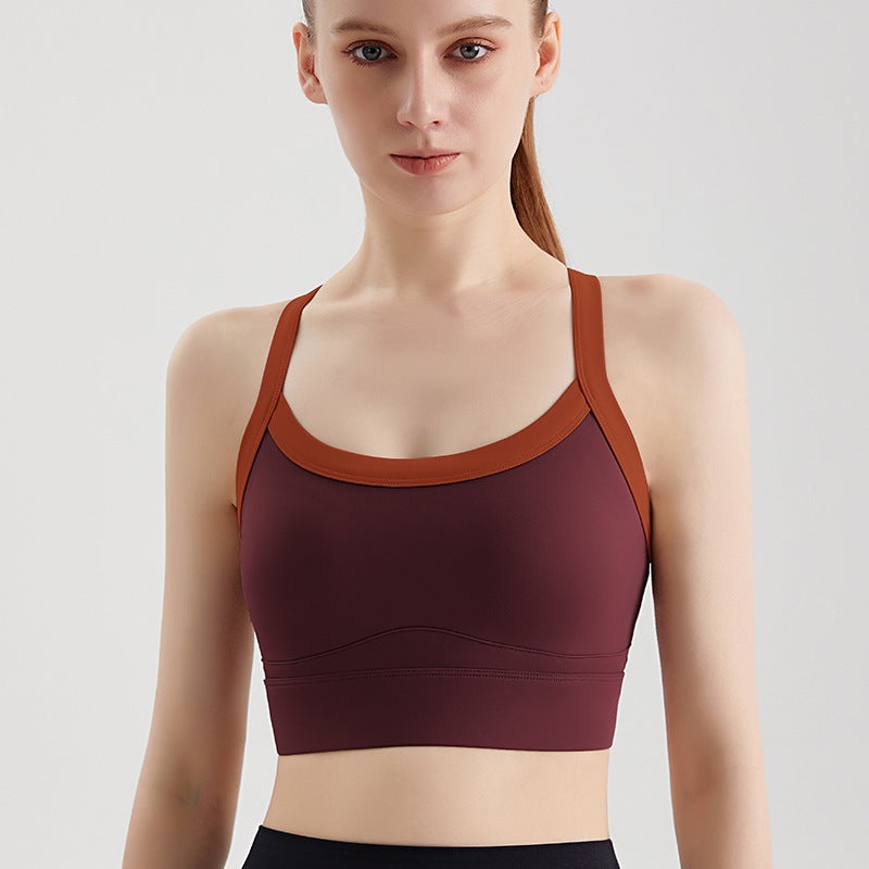 LAHN Colorblock Sports Bra High Support Back Cross Yoga Top WX-367 Bordeaux Red