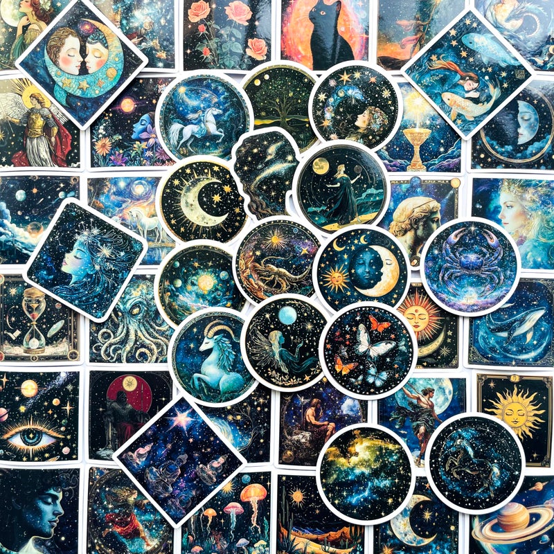 PIGBIT 50-Piece Fantasy Space Celestial Mystic Sticker â€“ Astrology, Zodiac, Nature Astronomy Art Decals for Laptops, Journals, Water Bottles, Scrapbooking - Image 1