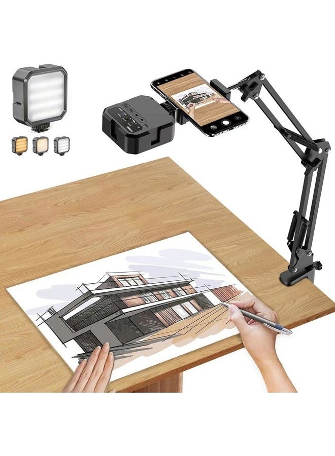 Overhead Phone Mount, Articulating Arm Cell Phone Holder with LED Light, Flexible Phone Stand for Live Streaming, Video Recording, Painting Lighting, Cooking