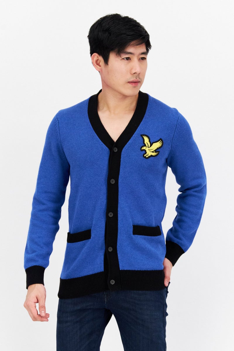 Lyle & Scott Men V-Neck Embroidered Logo Long Sleeves Cardigan, Blue - Image 1