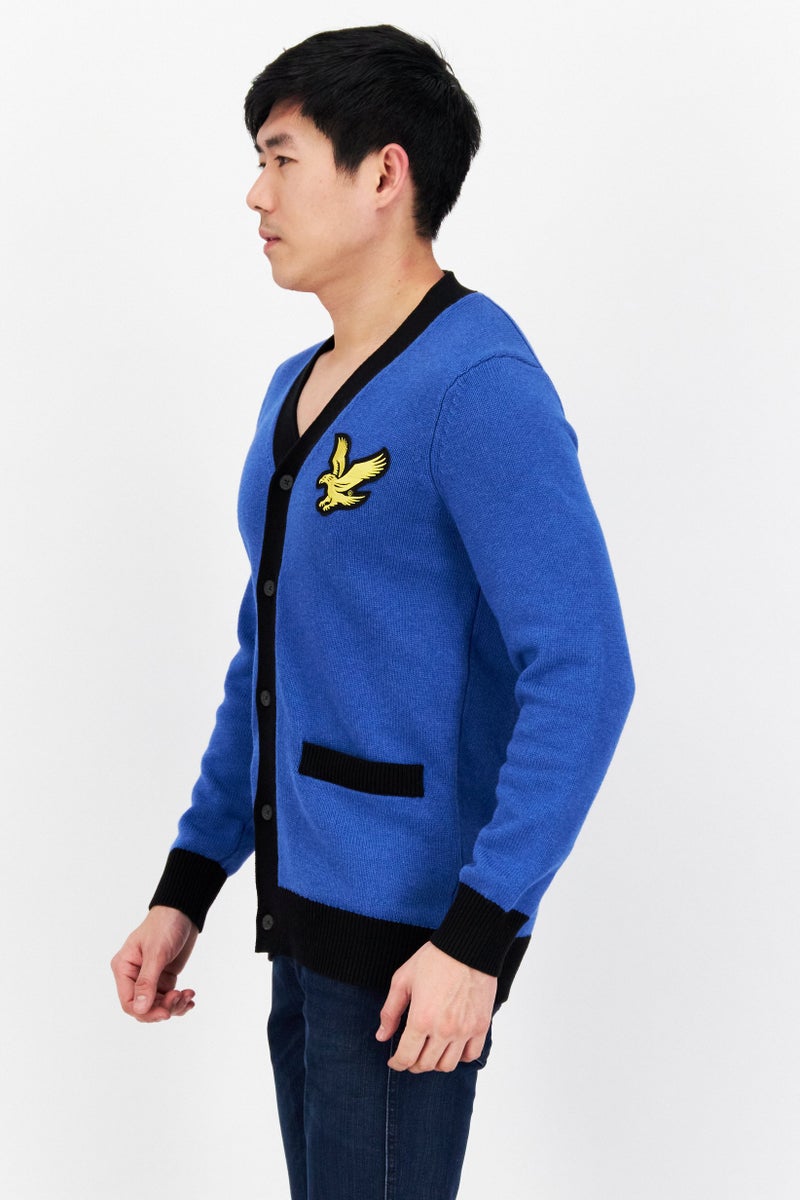 Lyle & Scott Men V-Neck Embroidered Logo Long Sleeves Cardigan, Blue - Image 2