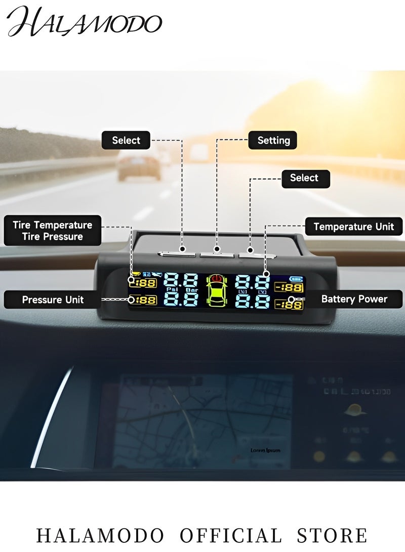 Halamodo Tire Pressure Monitoring System Wireless Solar Power & USB Charger Monitor with LCD Display TPMS with 4 Sensors & 5 Alarm Modes Real-time Monitoring Pressure for Car & SUV - Image 2