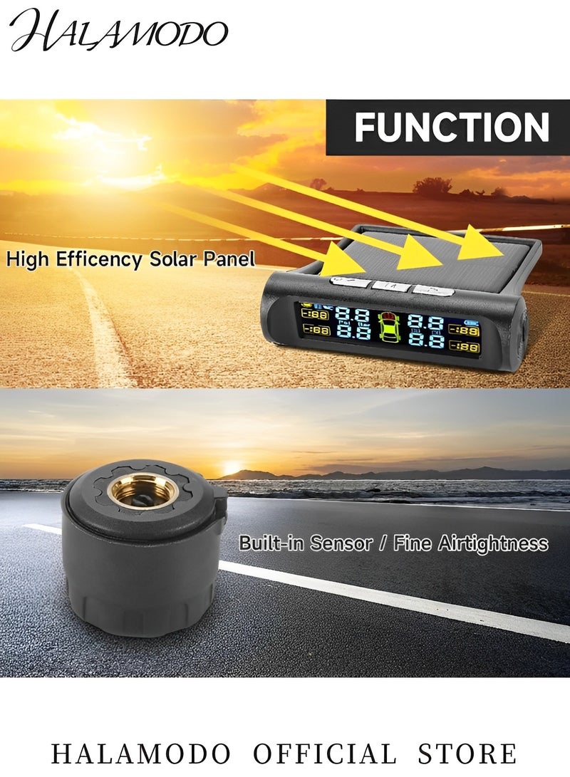 Halamodo Tire Pressure Monitoring System Wireless Solar Power & USB Charger Monitor with LCD Display TPMS with 4 Sensors & 5 Alarm Modes Real-time Monitoring Pressure for Car & SUV - Image 3