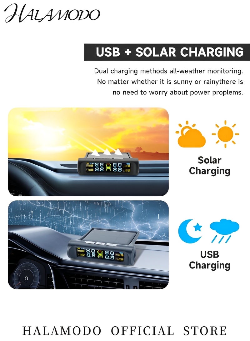 Halamodo Tire Pressure Monitoring System Wireless Solar Power & USB Charger Monitor with LCD Display TPMS with 4 Sensors & 5 Alarm Modes Real-time Monitoring Pressure for Car & SUV - Image 5