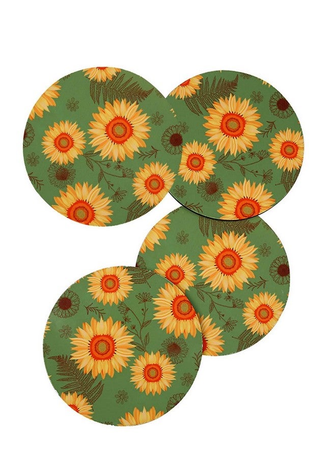 PentaDeco Floral Print Wooden Coaster, Set of 4, 3.5" Diameter (Green) - Image 4