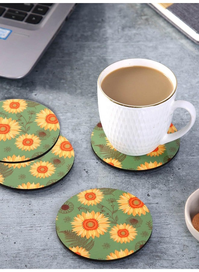 PentaDeco Floral Print Wooden Coaster, Set of 4, 3.5" Diameter (Green) - Image 1