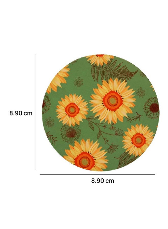PentaDeco Floral Print Wooden Coaster, Set of 4, 3.5" Diameter (Green) - Image 2
