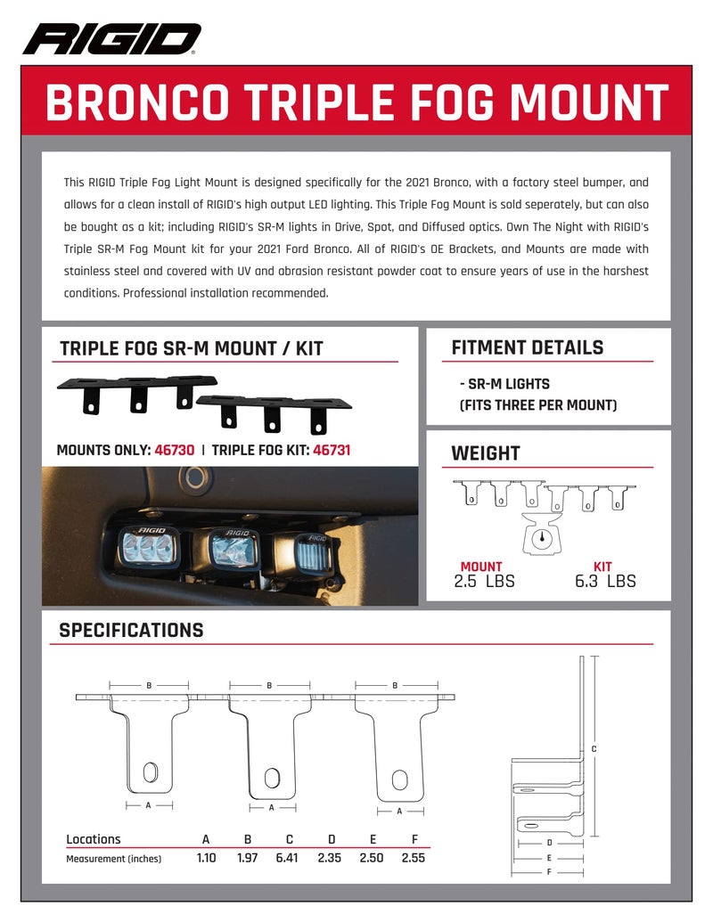 RIGID 46730 Triple Fog Bumper Mount FITS 2021 Ford Bronco Full Size, Compatible With Up To Three SR-M Series Light Pods (Light Not Inc) - Image 3