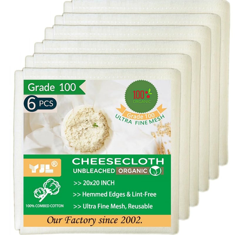 YJL Organic Cheese Cloths Grade 100 6 PCS 20x20 Inch Hemmed Unbleached Cheesecloth for Straining Ultra Fine Reusable Cheesecloth for Cooking Roasting Cheese Making Steaming