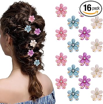 Amabro 16PCS Flower Hair Claws Crystal Mini Flower Hair Clips Small Rhinestone Hair Barrettes Floral Petal Hairpin Cute Decorative Accessories for Girls WomenBlue Beige Pink Purple - Image 1