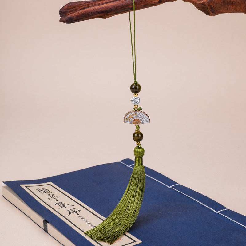 Generic Diamond Ball white fan tassel tassel Palace style cheongsam hanging tassel Han clothing accessories car hanging bag Press placket round beads hanging beard Army Green