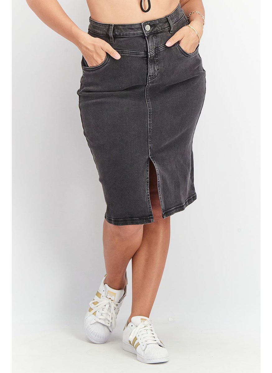 Tchibo Women Washed Front Slit Denim Midi Skirt, Black  - Image 1