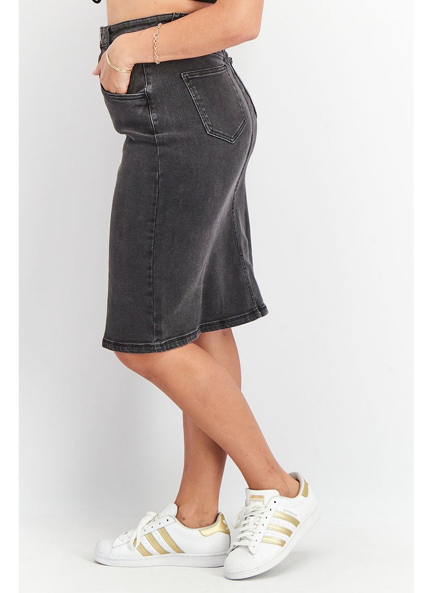Tchibo Women Washed Front Slit Denim Midi Skirt, Black  - Image 3