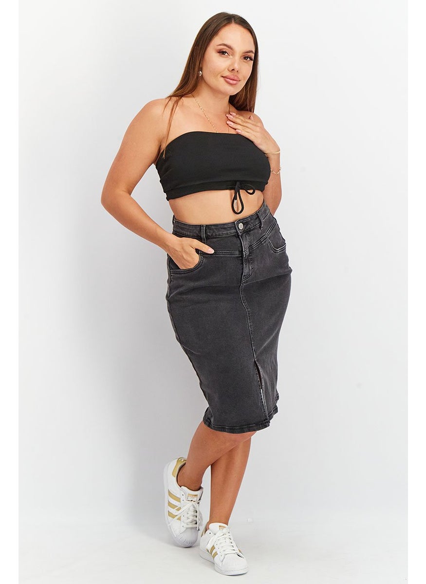 Tchibo Women Washed Front Slit Denim Midi Skirt, Black  - Image 2