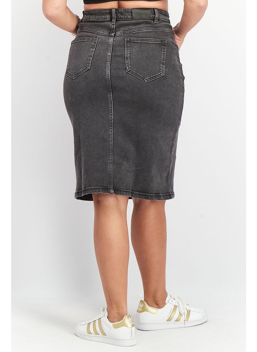 Tchibo Women Washed Front Slit Denim Midi Skirt, Black  - Image 4